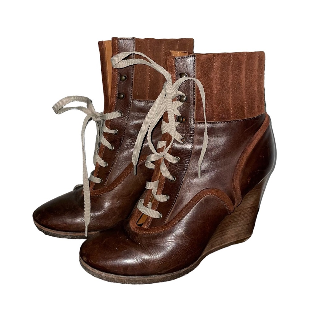 CHLOE Lace Up Wedge Ankle Boots Leather Brown Size 8
